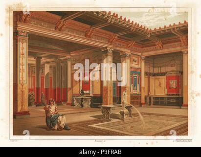 Interieur eines Hauses in Regio VIII, Insula 2, Pompeji. Frau liest in der Nähe von Brunnen in der impluvium (Pool). Chromolithograph von D. Capri von Antonio Niccolini von Pompeji: Ansichten und Restaurationen (Pompeji: Essaies et Restaurationen), durch Zucchi & De Luca, Neapel, 1898 veröffentlicht. Antonio war der Enkel des Architekten Antonio Niccolini Sr. Stockfoto