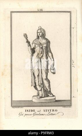 Statue der ägyptischen Göttin Isis mit Sistrum und Oenochoe (Wein Krug). In der Sammlung von Girolamo Lotteri. Kupferstich von Giacomo Bossi nach einer Illustration von A. Tofanelli von Pietro Paolo Montagnani-Mirabili Il Museo Zeitabschnittes (The Capitoline Museum), Rom, 1820. Stockfoto