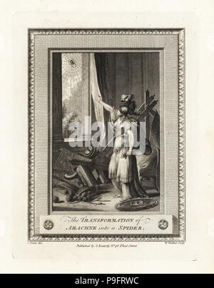 Transformation von Arachne in eine Spinne. Kupferstich von W. Walker nach einer Illustration von Charles Eisen aus der Kupferplatte Magazin oder monatliche Schatz, G. Kearsley, London, 1778. Stockfoto