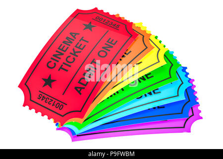 Satz farbiger Kinokarten, 3D-Rendering auf weißem Hintergrund Stockfoto