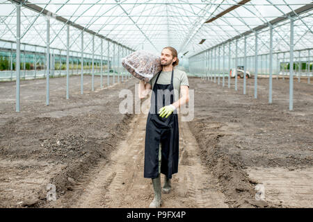 Landwirt mit Tasche im Gewächshaus Stockfoto