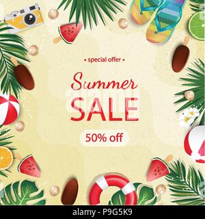 Summer Sale schöne Web Banner. Vector lieferbar Abbildung mit Eis, tropische Blätter, Limes, Flip Flops. Stock Vektor