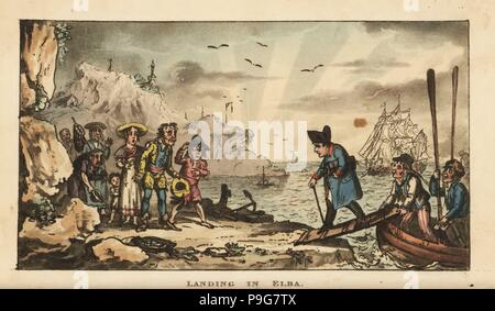 Napoleon Bonaparte die Ankunft auf der Insel Elba für sein Exil, 1814. Papierkörbe Kupferstich von George Cruikshank aus dem Leben von Napoleon ein Hudibrastischer Gedicht von Doctor Syntax, T. Tegg, London, 1815. Stockfoto