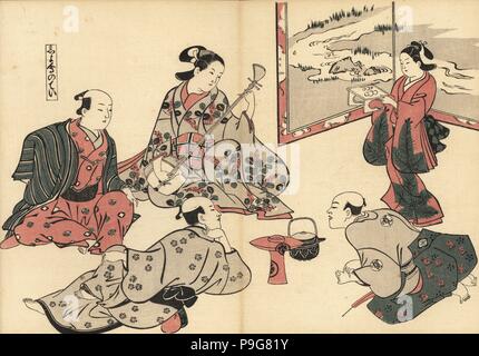 Drei Samurai hören zu einer Kurtisane spielen die Shamisen als kamuro bringt Essen auf ein Fach ein Holzschnitt von masanobu Okumura (1686-1764) von Fuzoku Emakimono, Bild Scrollen von Wasser Handel, Tokio, Reprint circa 1880. Stockfoto