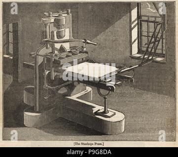 Die erste Druckerpresse erfunden von Charles Stanhope, 3rd Earl Stanhope. Holzschnitt Kupferstich aus dem Penny Magazine, Gesellschaft für die Verbreitung von Kenntnissen, 1833. Stockfoto