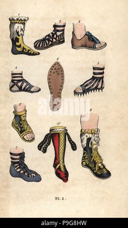 Schuhe, Stiefel und Sandalen des antiken Roms. Cothurnus boot1, rustikale Sandalette 2, geöffnet - toe Shoe 3, Sandale von Centurion 4, gespickt Sandale für Marching 5, genagelt Sandale Sandale schuh Sohle 6, 7, Start-Kaiser 8, verzierte öffnen - toe Boot 9, und Dacian Boot 10. Papierkörbe Kupferstich von J.'s Sparkes Hall Buch der Füße, Geschichte der Stiefel und Schuhe, New York, 1847. Stockfoto