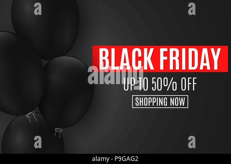 Hintergrund für Black Friday sale. Schwarze Luftballons auf einem dunklen Hintergrund mit Text. Große Rabatte. Für Ihr Unternehmen. Web Banner. Vektor illustra Stock Vektor