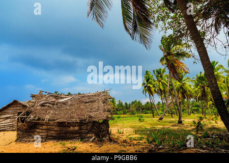 Reetgedeckte coconut Leaf House oder fischerhütte am tropischen Strand bei Regenwetter. traditionellen oder Vintage eco-freundliches Zuhause in einem ländlichen Dorf Stockfoto