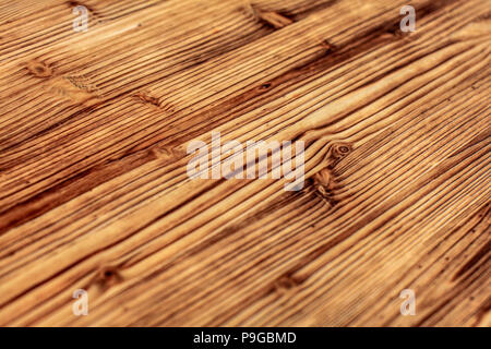 Auf Holzbrettern Detail, Maserung des Holzes durch Verbrennen. Stockfoto
