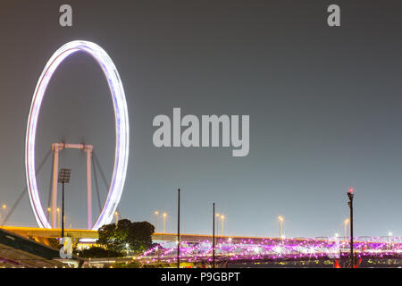 Nächtlicher Blick auf den Singapore Flyer in drehender Bewegung und die Helix Brücke in lila beleuchtet. Stockfoto