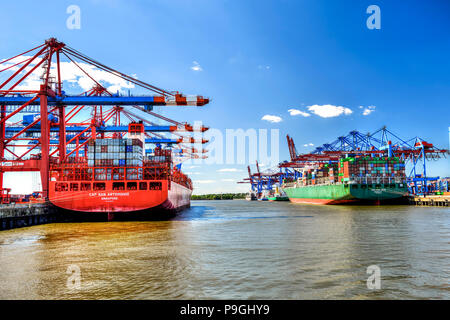 Containerschiffe im Hafen von Hamburg, Deutschland, Europa Stockfoto