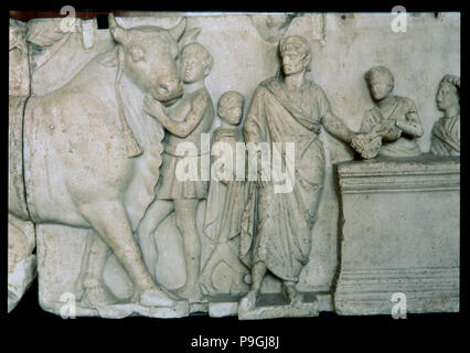 Szene an das Opfer, das von einem Stier, den Gott Mars, Relief auf dem Altar des Domitius Aenobarbus. Stockfoto