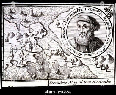 Magellan entdeckt die Meerenge", Kupferstich von 1726, Ferdinand Magellan (1480-1521), Portugiesisch n ... Stockfoto