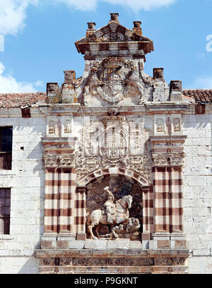 El Cid (Rodrigo Diaz de Vivar). (1043-1099), spanischer Ritter, Reiter Abbildung auf der Fassade der t ... Stockfoto