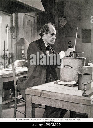 Marcelin Berthelot (1827-1907), französischer Chemiker und Historiker in seinem Labor 1901, Gravur in L'ICH... Stockfoto