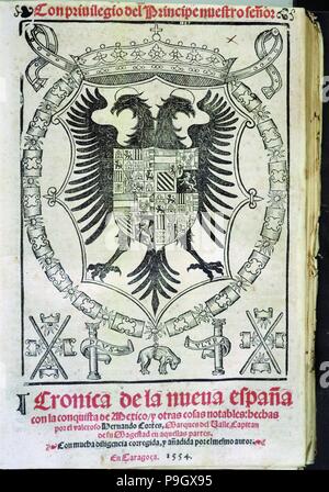 Abdeckung der Arbeit 'Crónica de la Nueva España" (die Chronik der Neuen Spanien) von Francisco Lopez de Gom... Stockfoto