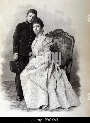 Der König Alfonso XIII. mit seiner Mutter Regent Maria Cristina von Habsburg im Jahre 1898, Madrid, engravin… Stockfoto