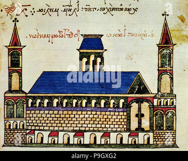 Das Kloster von San Juan der Armenier auf dem Berg Athos (Griechenland), Byzantinische Miniatur, 1300. Stockfoto