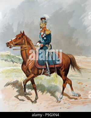 Nikolaus II. (1868-1918), russischer Zar, in der Uniform der Speerträger, 1901. Gravur im 'La Ilustrac… Stockfoto