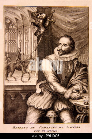 Miguel de Cervantes Saavedra (1547-1616), Selbstbildnis in 'Don Quijote', Madrid Edition von 1674… Stockfoto