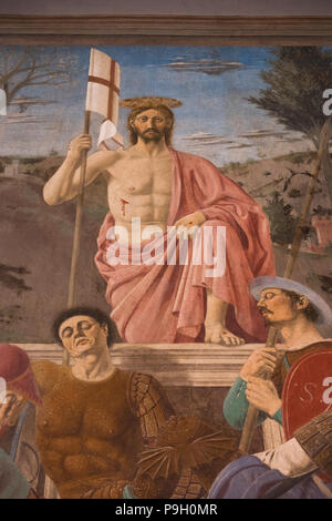 Piero Della Francesca Fresken im Museo Civico, Sansepolcro, Toskana, Italien. Juni 2018 Die Auferstehung Das neu restaurierte Fresken von 15. Jahrhundert Stockfoto