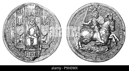 Das große Siegel der Henry VII (1457-1509), erste Monarch aus dem Haus Tudor König von England und Lord von Irland von seiner Ergreifung der Krone am 22. August 1485 bis zu seinem Tod. Er den Thron erreicht, wenn seine Truppen besiegt König Richard III. in der Schlacht von Bosworth Field, der Höhepunkt der Kriege der Rosen. Er war der letzte König von England sein Thron, auf dem Gebiet der Kampf zu gewinnen. Er zementierte seinen Anspruch durch die Heirat mit Elisabeth von York, Tochter von Edward IV und Nichte von Richard III. Henry war erfolgreich bei der Wiederherstellung der Leistungsfähigkeit und Stabilität der Englischen Monarchie nach dem Bürgerkrieg. Stockfoto