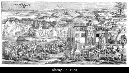 Das Feld der Tuch Gold, ein Standort - zwischen Ardres Rodelinghem in Frankreich und Guînes im Dann - Englisch blaß von Calais - der Gipfel vom 7. bis zum 24. Juni 1520 bereitgestellt wird, zwischen König Heinrich VIII. von England und König Franz I. von Frankreich. Es wurde vereinbart, das Band der Freundschaft zwischen den beiden Königen nach der anglo-französischen Vertrag von 1514 zu erhöhen. Unter der Leitung des Englischen Kardinal Thomas Wolsey, der Leiter der Nationen in Europa gesucht unter christlichen Nationen Krieg für immer zu ächten. Stockfoto