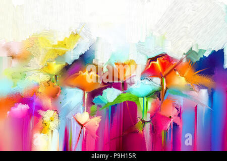 Abstrakte farbenfrohe Ölgemälde auf Leinwand. Semi-abstrakten Bild der Blumen, in Gelb und Rot mit blauer Farbe. Hand gezeichnet Pinselstrich, Öl Farbe Farbe Stockfoto