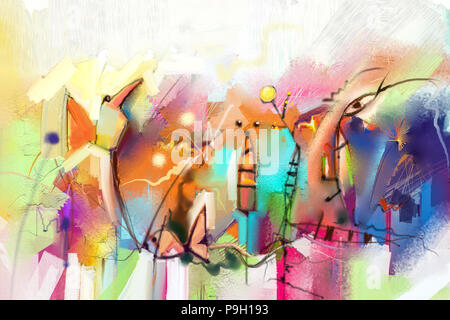 Abstrakte farbenfrohe fantasy Öl Malerei. Semi-abstrakten Baum, Fisch und Vogel in der Landschaft. Frühling, Sommer Natur Hintergrund. Von Hand bemalt, Chil Stockfoto