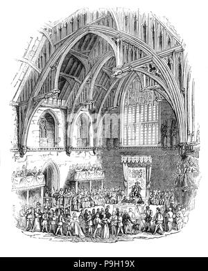 Der Versuch von John Lambert (gestorben 1538) ein englischer evangelischen Märtyrer vor König Heinrich VIII. in der Westminster Hall. Er war am Queens' College, Cambridge erzogen, ging nach Antwerpen und wurde zu einem Mitglied der Gruppe der humanistischen Theologen, die am White Horse Tavern met. Im Jahr 1536 nach seiner Rückkehr nach England wurde er der Ketzerei beschuldigt, durch den Herzog von Norfolk, aber entging, bis 1538, als er vor Gericht gestellt, und auf dem Scheiterhaufen verbrannt, am 22. November 1538 in Smithfield, London. Stockfoto