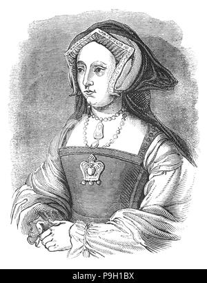 Ein Porträt von Jane Seymour (1508-1537), Königin von England von 1536 bis 1537 als dritte Frau von König Henry VIII. Sie hat Anne Boleyn als Queen Consort nach Ausführung des Letzteren im Mai 1536. Sie starb an den postnatalen Komplikationen weniger als zwei Wochen nach der Geburt von ihr einziges Kind, ein Sohn, wurde König Edward VI. Sie war die einzige von Henrys Frauen eine Königin der Beerdigung zu empfangen, und Seine einzige Consort neben ihm in St. George's Chapel auf Schloss Windsor begraben zu werden. Stockfoto