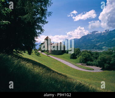 Vaduz Liechtenstein mit Blick auf das Schloss, grünes Gras, gepflasterte Straße, Berge und blue sky, Sommerzeit Stockfoto