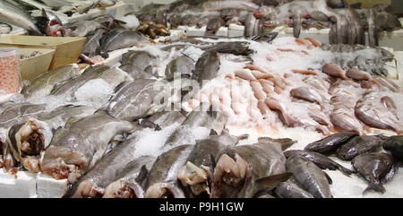 Fisch. Fischmarkt. Fisch essen. Fisch, der für den Verkauf in Billingsgate Fish Market, London, UK. Foto Russell Moore. Stockfoto