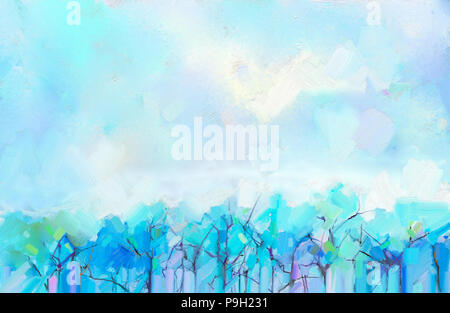 Abstrakte Ölmalerei Landschaft. Bunte blau lila Himmel. Ölmalerei auf Leinwand im Freien. Halb abstrakten Baum, Feld, Wiese. Abstraktion Landschaft na Stockfoto