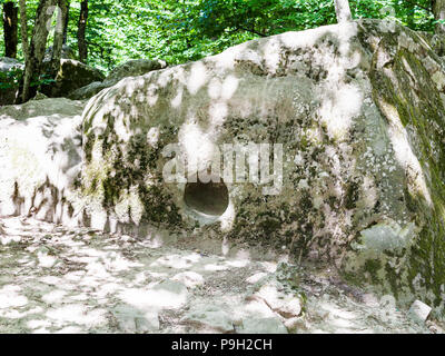 Tour zu Shapsugskaya anomale Zone - Rock in prähistorischer Shambala Steinbruch in Abinsk Ausläufern des Kaukasus in Kuban russische Region geschnitzt Stockfoto