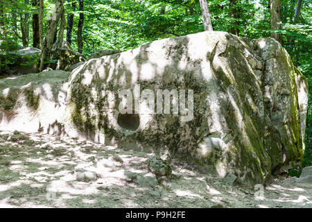 Tour zu Shapsugskaya anomale Zone - geschnitzte Rock im alten Shambala Steinbruch in Abinsk Ausläufern des Kaukasus in Kuban Region Russlands Stockfoto