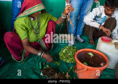 Eine Gruppe von lokalen Landwirtinnen über die Herstellung von organischem Dünger für Ihre Betriebe zu einem Landwirt Ausbildung Schule, Sendhwa, Indien lernen. Stockfoto