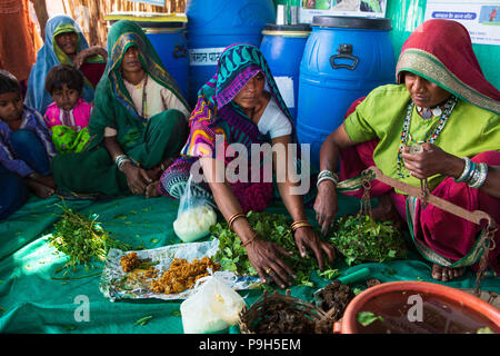 Eine Gruppe von lokalen Landwirtinnen über die Herstellung von organischem Dünger für Ihre Betriebe zu einem Landwirt Ausbildung Schule, Sendhwa, Indien lernen. Stockfoto