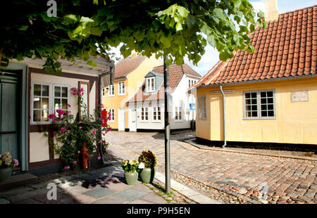 Altstadt von Odense, Dänemark. HC Andersens Heimatstadt. Gelbes Haus ist der Geburtsort von Hans Christian Andersen. Stockfoto