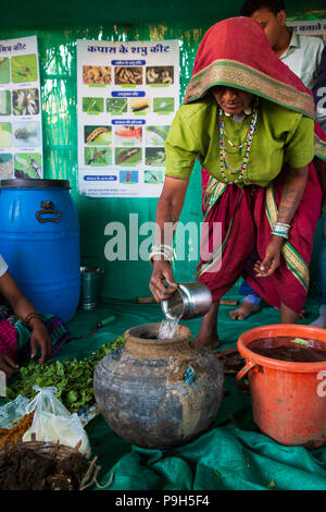 Eine Gruppe von lokalen Landwirtinnen über die Herstellung von organischem Dünger für Ihre Betriebe zu einem Landwirt Ausbildung Schule, Sendhwa, Indien lernen. Stockfoto