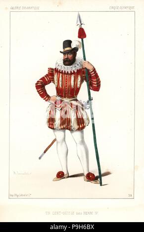 Kostüm einer Cent-Suisse, Elite Infanterie Guard, in Henri IV von Saint-Hilaire und Michel Delaporte, Cirque Olympique, 1846. Papierkörbe Lithographie nach einer Zeichnung von Alexandre Lacauchie von Victor dollet's Galerie Dramatique: Kostüme des Theater de Paris, Paris, 1846. Stockfoto