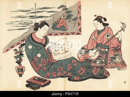 Kurtisanen entspannen, indem Sie einen Brief schreiben und spielen shamisen vor einem Paravent im Viertel. Der mitate Matsukaze und Murasame. Holzschnitt von masanobu Okumura (1686-1764) von Fuzoku Emakimono, Bild Scrollen von Wasser Handel, Tokio, Reprint circa 1880. Stockfoto