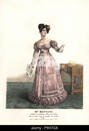 Altistin Sängerin Madame Montano als Rosine in der Oper Le Barbier de Seville von Gioachino Rossini, Theatre Royal de Direktzüge 1823. Handkoloriert Lithographie von F. Noel nach einer Illustration von Lavigne Marin von Porträts d'Acteurs et d'Actrices Dans verschiedene Rollen, F. Noel, Paris, 1825. Stockfoto