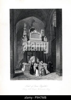 Grab von Königin Elizabeth, Henry VII's Chapel, die Westminster Abbey. Stahlstich von W. Radclyffe nach einer Illustration von Thomas Hosmer Shepherd aus London Interieur, ihre Kostüme und Zeremonien, Joshua Mead, London, 1841. Stockfoto