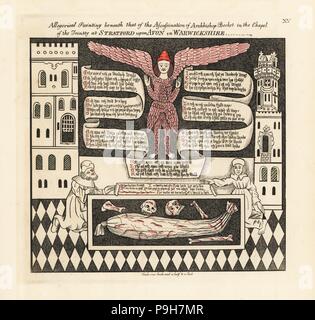 Malerei unter der Ermordung des hl. Thomas Becket, ein Engel, Verse, schloss Türme und eine Leiche in der Wicklung Roben. Papierkörbe ätzen ausgearbeitet und von Thomas Fischer von seinen Gemälden an den Wänden der Kapelle der Dreifaltigkeit, Stratford-upon-Avon, 1808 geätzt. Stockfoto