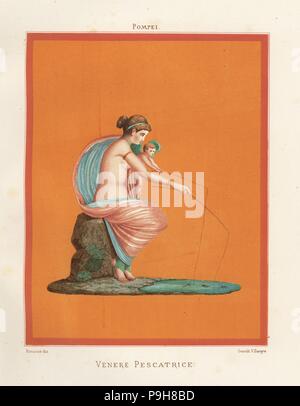 Wandgemälde von Venus und Amor Angeln mit Stangen von einem Teich. In Regio V. V.3, das Haus der Gladiatoren gefunden. Chromolithograph von Victor Steeger nach einer Illustration von geremia Discanno von Emile Presuhn's Les Plus Belles Peintures de Pompei (Die schönsten Gemälde von Pompeji), Leipzig, 1881. Stockfoto