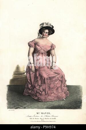 Fräulein Delphine Mante oder Louise-Charles-Theophile als Rosine in der Barbier von Sevilla von Pierre Beaumarchais, Theatre Francais. Handkoloriert Lithographie von F. Noel nach einer Illustration von Alexandre-Marie Colin aus Porträts d'Acteurs et d'Actrices Dans verschiedene Rollen, F. Noel, Paris, 1825. Stockfoto