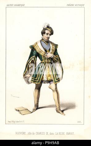 Philibert Rouviere als König Karl IX. in La Reine Margot von Alexandre Dumas und Auguste Maquet, Theater Historique, 1847. Papierkörbe Lithographie nach einer Zeichnung von Alexandre Lacauchie von Victor dollet's Galerie Dramatique: Kostüme des Theater de Paris, Paris, 1847. Stockfoto