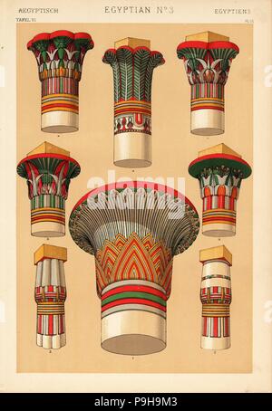 Ägyptischer Schmuck zu Hauptstädten der Spalten, Papyrus und Palmblättern. Papyrus Kapitellen aus dem Tempel von Luxor 1,3, von der Memnonium 2, von den Philae Tempel 11,13,14, von Koom-Ombos Tempel 12 und Palm Tree Kapital aus dem Portikus in Edfu 16. Chromolithograph von Francis Bedford von Owen Jones' der Grammatik von Ornament, Quaritch, London, 1868. Stockfoto
