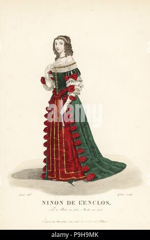 Ninon de L'Enclos, französischer Schriftsteller, Kurtisane und Salon Gastgeberin, 1615-1705. Sie trägt ihr Haar in locken, ein Lowcut Mantua-Kleid mit Mieder und Rock in grünem Samt mit Bögen und scarlet Petticoat mit Gold verziert lose Ines. Nach einer Miniatur auf Pergament in der Editor-Sammlung. Handkoloriert Kupferstich von Georges Jacques Gatine nach einer Illustration von Louis Marie Lante aus Galerie Francaise de Femmes Celebres, Paris, 1827. Stockfoto